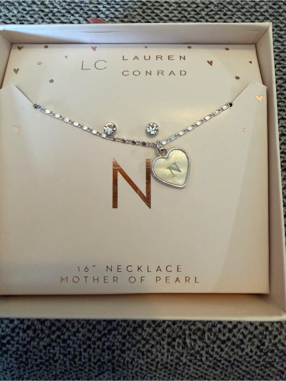 LC Lauren Conrad “N” Mother of Pearl Heart Necklace & Stud Earrings Set